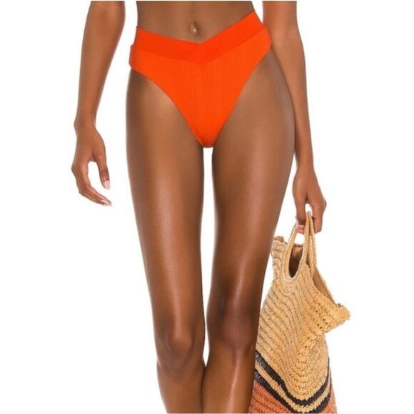 L*SPACE Pointelle Rib Court Bikini Bottom In Poppy Orange Size Large New - Picture 1 of 12